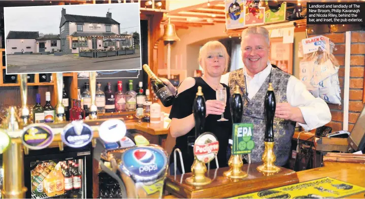  ??  ?? Landlord and landlady of The New Broom, Philip Kavanagh and Nicola Riley, behind the bar, and inset, the pub exterior.