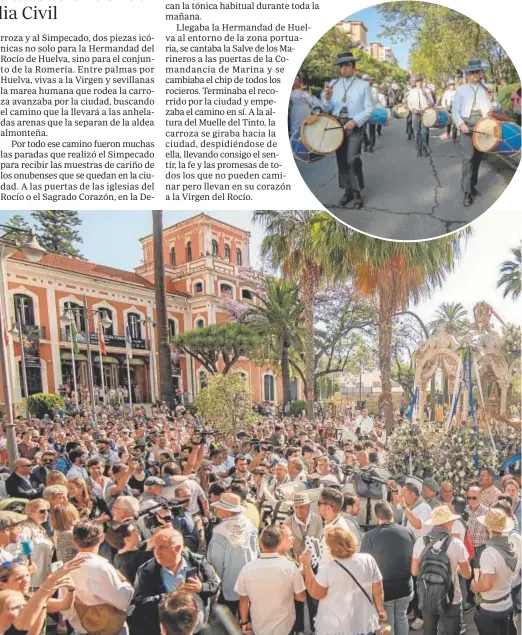  ?? ?? La carreta del Simpecado de la hermandad de Huelva se despide de la ciudada en la Plaza del Punto, frente a la Casa Colón