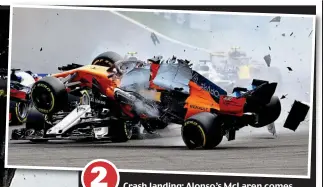  ??  ?? Crash landing: Alonso’s McLaren comes thudding back on to the track after just clearing Leclerc’s Sauber, leaving a trail of debris before sliding off and out of the Belgian Grand Prix 2