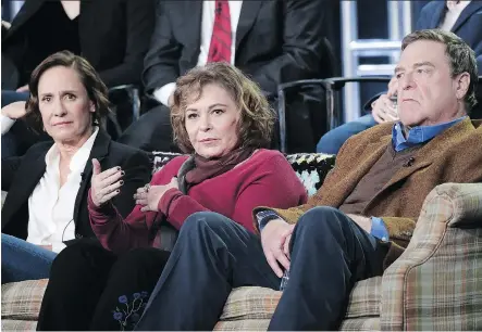  ?? RICHARD SHOTWELL/THE ASSOCIATED PRESS ?? Typically, when a show gets cancelled, its principals — in this case Laurie Metcalf, left, Roseanne Barr and John Goodman — may receive a degree of protection and severance. But lower-level staffers may face unemployme­nt or a lack of jobs in an...