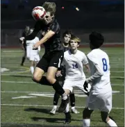  ?? DAILY CAMERA FILE PHOTO ?? Erie’s Tyler Hoffman plays a header against Poudre on Oct. 11 in Erie.