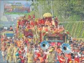  ?? HT FILE PHOTO ?? Niranjani Akhada seers arrive for Shahi Snan during Mahakumbh in Haridwar.