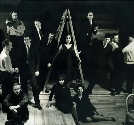  ??  ?? The Establishm­ent, 1961. Back row: four staff, including manager Bruce Kopp and barman Brendan; Owen Hale (lighting); John Bird; Jeremy Geidt (actor). Middle: Nick Luard; Peter Cook; David Walsh (actor); Carole Simpson (singer); John Fortune; Steve Baker (carpenter); unknown. Front: Dudley Moore; Sean Kenny (club designer); Wendy Snowden (Cook’s first wife); unknown