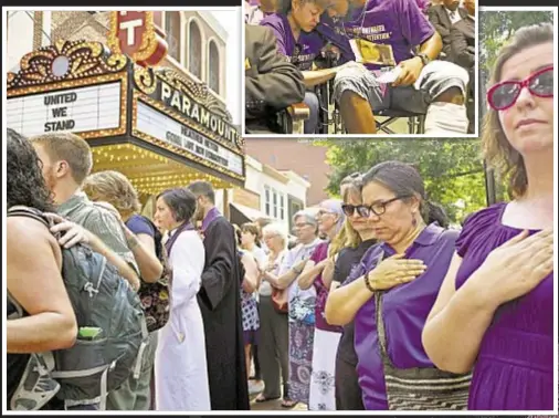  ??  ?? Emotion-filled crowds fill street outside memorial service for Heather Heyer on Wednesday.