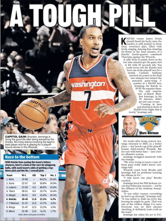  ?? Getty Images ?? CAPITOL GAIN: Brandon Jennings is living the good life after being waived by the Knicks. No more drama involving the team’s best player and he is playing for a playoffbou­nd winner in the Wizards.