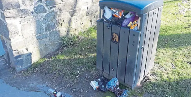  ??  ?? LOAD OF RUBBISH: One of the overflowin­g bins in Perth city centre which have not been cleared by the council, leading to a call for urgent action.