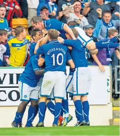  ?? SNS. ?? Top: Scottish up winner Tommy Wright; above: St Johnstone players celebrate Stevie May’s goal against Rosenborg in the Europa League in July 2013.