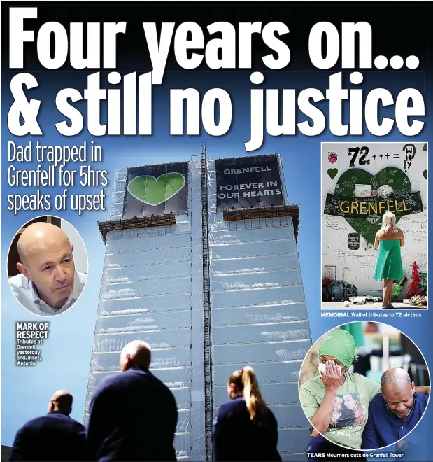  ??  ?? MARK OF RESPECT Tributes at Grenfell yesterday and, inset, Antonio
MEMORIAL Wall of tributes to 72 victims
TEARS Mourners outside Grenfell Tower