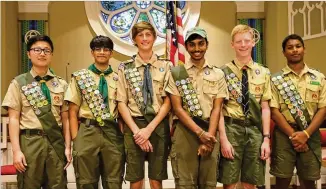  ?? COURTESY PHOTOS ?? The Northern Ridge Boy Scout District recently announced its newest Eagle Scouts, who completed their Eagle Board of Review on July 29 at Alpharetta Presbyteri­an Church: Jeremiah Jung (from left) of Troop 3143, Raul Sankhe of Troop 2000, Noah Prevallet of Troop 3000, Haricharan Tanguturu of Troop 27, Alex Wiklund of Troop 10 and Sudarshan Dhanabalan of Troop 143.