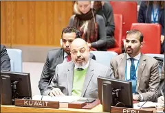  ?? KUNA photo ?? Counsellor Tareq Al-Banai speaks during the UNSC meeting.