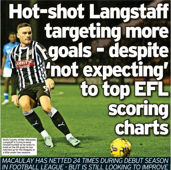 ?? ?? Notts County striker Macaulay Langstaff is trying to keep himself humble as he looks to build on the 65 goals he has notched up for the Magpies in a little under two seasons