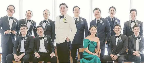  ?? ?? Ross Tan posing with his groomsmen — and woman: Ryan Tan, Seraphim Villanueva, Kenric Uy, Chester Tan, Lance Tan, Kyle Tan, Paolo Pesuena, JC Genato Rance Paglin, Michelle Ho, Ray Pine and Emil Ongchuan