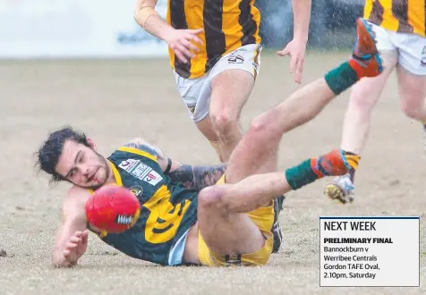  ?? Pictures: MARK WILSON ?? TOUGH GOING: A battered Blake Taylor of Werribee Centrals hits the deck against Inverleigh yesterday.