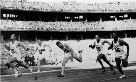  ?? Photograph: AP ?? Bobby Joe Morrow (left) crosses the finish line of the 1956 Olympic 100m race in 10.62sec.