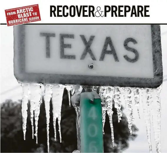  ?? Joe Raedle / Getty Images ?? Icicles hang off the State Highway 195 sign on Feb. 18 in Killeen. Winter storm Uri brought historic cold weather and power outages to Texas as storms swept across 26 states.