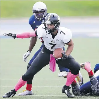  ?? NICK BRANCACCIO ?? Windsor AKO Fratmen receiver Omar Hayes-Williams, shown in a file photo, had three touchdowns in a 46-0 rout of the London Beefeaters in the Ontario Football Conference semifinal Saturday at Alumni Field.