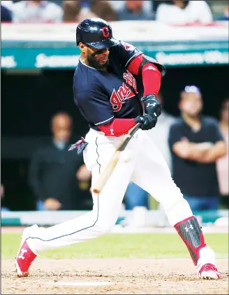  ?? (AP) ?? Cleveland Indians’ Yandy Diaz breaks his bat hitting into a fielders choice off Detroit Tigers relief pitcher Warwick
Saupold during the sixth inning in a baseball game on Sept 11 in Cleveland.