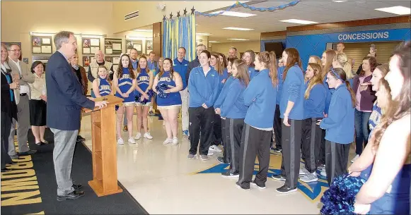  ?? Graham Thomas/Herald-Leader ?? John Brown University president Chip Pollard speaks at the women’s basketball team’s sendoff Monday morning at Bill George Arena.