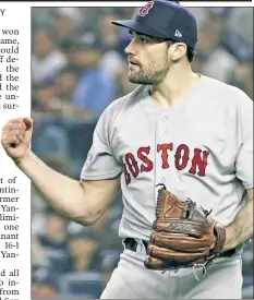  ?? UPI ?? IN YOUR FACE! Nathan Eovaldi celebrates during the Red Sox’s 16-1 win over the Yankees on Monday.