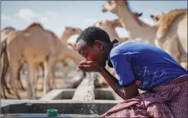  ?? ?? A herder boy who looks after livestock quenches his thirst from a water point Oct. 24 in the desert near Dertu.