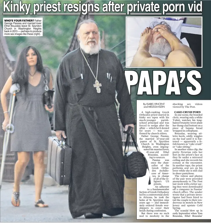  ??  ?? WHO’S YOUR FATHER? Father George Passias and married lover Ethel Bouzalas leave St. Spyridon Church in Washington Heights back in 2013 — perhaps to produce more sex images like these (right).