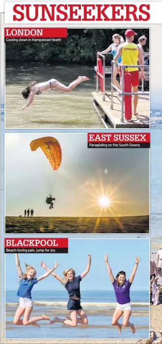  ??  ?? LONDON Cooling down in Hampstead Heath BLACKPOOL Beach-loving pals jump for joy EAST SUSSEX Paraglidin­g on the South Downs