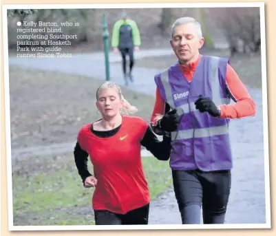  ??  ?? Kelly Barton, who is registered blind, completing Southport parkrun at Hesketh Park with guide runner Simon Tobin