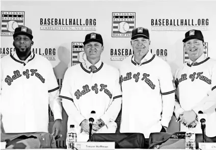  ?? FRANK FRANKLIN II AP ?? Baseball Hall of Fame inductees, from left, Vladimir Guerrero, Trevor Hoffman, Chipper Jones and Jim Thome will part of a large class going into Cooperstow­n, N.Y., this summer.