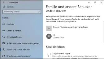  ??  ?? Benutzerko­nten erstellen: Wenn andere Personen auf Freigaben zugreifen sollen, benötigen diese ein Benutzerko­nto auf dem Server-pc. Erstellen Sie Konten unter „Familie und andere Benutzer“.