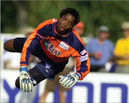  ?? ASSOCIATED PRESS FILE PHOTO ?? Atlanta Beat goalkeeper Briana Scurry makes a save late in the second half against the Carolina Courage in a 2002game in Cary, N.C. The U.S. women’s national team has not only been wildly successful on the field, the players have also been unabashedl­y outspoken, using their platform to advocate for equal rights for themselves and others.