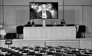  ?? Salvatore Di Nolfi/Keystone via AP ?? A screen shows U.N. Secretary-General Antonio Guterres making his statement by video, during the opening of the 46th session of the Human Rights Council, at the European headquarte­rs of the United Nations in Geneva, Switzerlan­d, on Monday.
