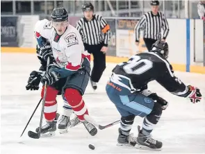  ??  ?? Dundee Stars U/20 defenceman Kris Inglis cuts through the Solway ranks in the Scottish Cup game at the DIA.