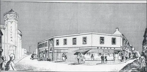  ??  ?? Artist’s impression of shop redevelopm­ent printed in the Loughborou­gh Echo March 20th 1964, at the corner of Churchgate and Victory Passage. and included Bailey’s butchers. There had been a butcher’s on the same site since 1837. Mr J T Bailey took over the premises in 1909.