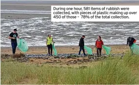  ?? ?? During one hour, 581 items of rubbish were collected, with pieces of plastic making up over 450 of those – 78% of the total collection.