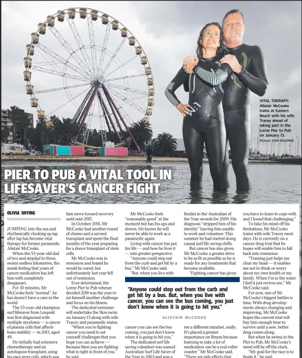  ?? Picture: YURI KOUZMIN ?? VITAL THERAPY: Alistair McCooke trains at Eastern Beach with his wife Tracey ahead of taking part in the Lorne Pier to Pub on January 13.