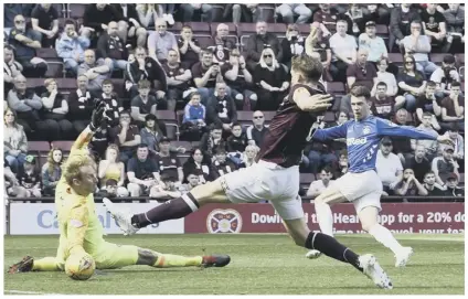  ??  ?? 2 Scott Arfield embraces Jermain Defoe after the English striker had given Rangers the lead, below. Ryan Jack fires home the visitors’ second goal, left, before Nikola Katic slides in for their third, main. Hearts’ goalscorer Steven Maclean applauds the fans at full-time, while his manager, Craig Levein, surveys yet more discontent in the home stands, inset below.