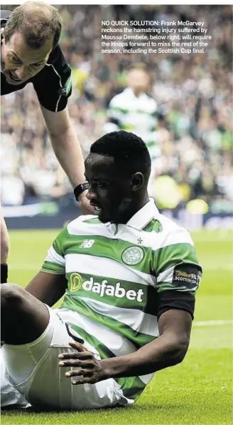  ??  ?? NO QUICK SOLUTION: Frank McGarvey reckons the hamstring injury suffered by Moussa Dembele, below right, will require the Hoops forward to miss the rest of the season, including the Scottish Cup final