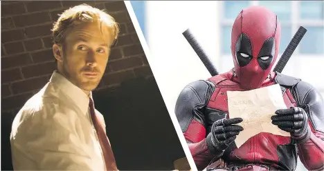  ?? DALE ROBINETTE/LIONSGATE 20TH CENTURY FOX ?? Ryan Gosling, left, was nominated for an Oscar Tuesday for best actor in La La Land. But Ryan Reynolds, right, and Deadpool received no such love.