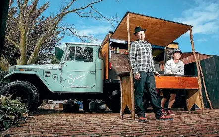  ?? DAVID JAMES/STUFF ?? Michael Duffy Michael Duffy, left, and Jamie Jenkins parked up at the Moa Brewery beer garden.