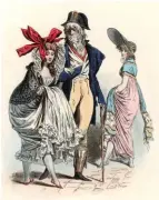  ??  ?? Deux merveilleu­ses et un incroyable croqués par Polydor Pauquet (1865). La mode fait un pied de nez à la Terreur.