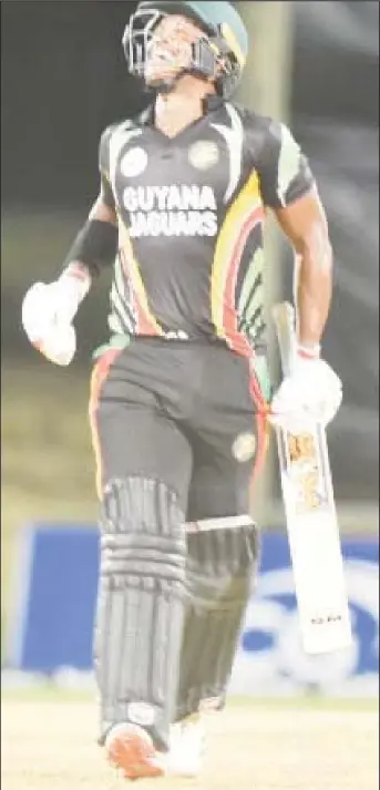  ??  ?? Leon Johnson hobbles down the pitch as he celebrates his hundred against Leeward Islands Hurricanes last night. (Photo courtesy CWI Media)