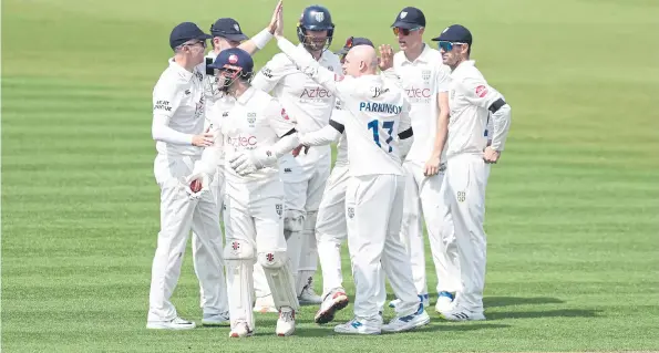  ?? ?? Durham’s Ollie Robinson celebrates the wicket of Hampshire’s Nick Gubbins off the bowling of Collin Parkinson during the Vitality County Championsh­ip match at the Utilita Bowl.