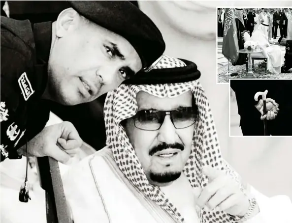  ??  ?? Gen. Al-Fagham was a constant presence by King Salman’s side, bowing to tie his shoelaces at a summit in Riyadh, and carrying the monarch’s cane at official events.