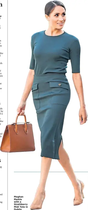  ??  ?? Meghan Markle with a Strathberr­y Midi Tote in Dublin in 2018