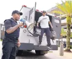  ?? BOB SELF/THE FLORIDA TIMES-UNION VIA AP ?? Jacksonvil­le cornerback Jalen Ramsey, right, exits an armored truck as he is introduced by comedian Ha Ha Davis Wednesday.