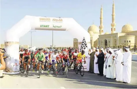  ?? Courtesy: Organiser ?? Flagged off The start of a stage of the Fourth Tour of Sharjah that concluded at the Al Madam Club yesterday. Sky Dive Dubai’s Andrea Palini won the fourth and final stage.