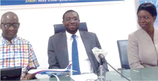  ??  ?? From left Arik Air Pro-Am LOC Chairman Otunba Olugbenga Odusanya, Arik Air Abuja Head Dr. Nnamdi Bolu and Arik Air Sales Manager Mrs May Ayivor at the press conference in Abuja.