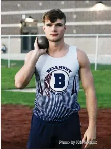  ?? Photo by Kris Everett ?? Bellmont’s Jamison Rumple won the shot put at Monday’s NE8 meet at New Haven.