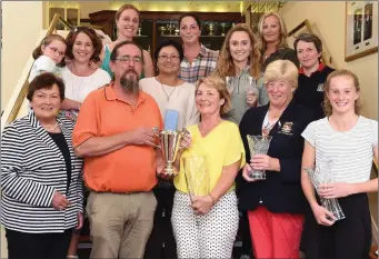  ?? Photo by Michelle Cooper Galvin ?? Bernard O’Shea son of there late Maureen O’Shea presenting the Maureen O’Shea Memorial Cup to winner Eileen Galbraith with (left) Breda Hallissey, Sheila Crowley Lady Captain 3rd, Sarah O’Brien 2nd (second row) Aine Scanlan, Ciara O’Mahony 4th, Susan...