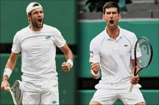  ?? Getty Images ?? Matteo Berrettini, left, and Novak Djokovic will meet in the Wimbledon men’s final on Sunday. Berrettini is the first Italian player in a Grand Slam final since 1976.